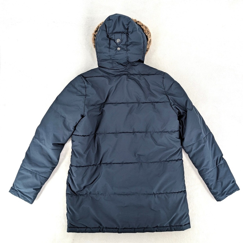 Barbour Boys Morton Quilted Parka Jacket Faux Fur Hood Navy Blue Size L